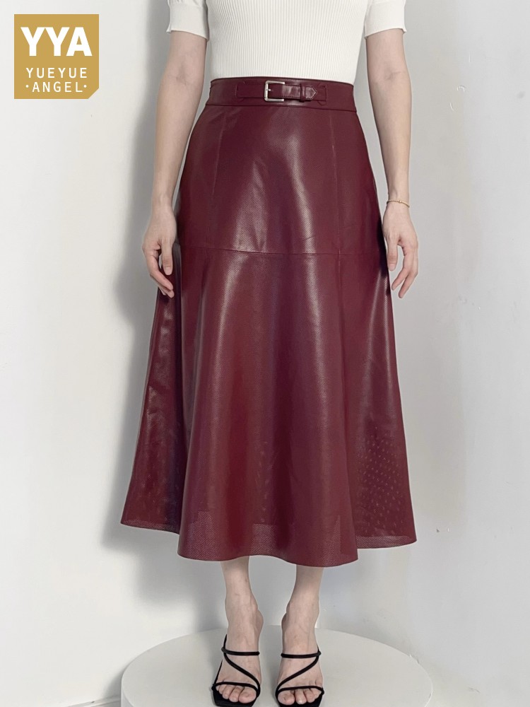 Leather Work Outfit - กระโปรงหนังแท้ทรงเอ สไตล์ใหม่สำหรับผู้หญิง เอวสูง ตัดเว้า แต่งเข็มขัด ทรงเข้ารูป