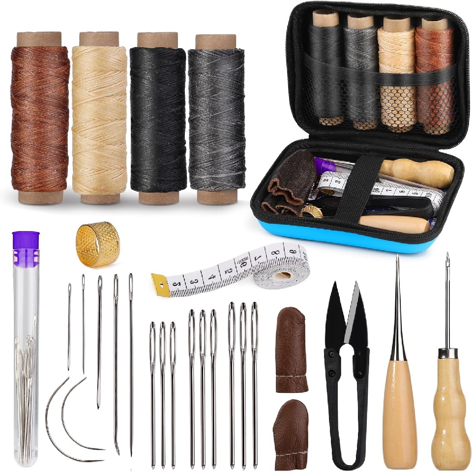 Leatherwork Kit - BUDDUR หนังเย็บชุดเครื่องมือด้ายและเข็ม Awl Professional DIY หนัง