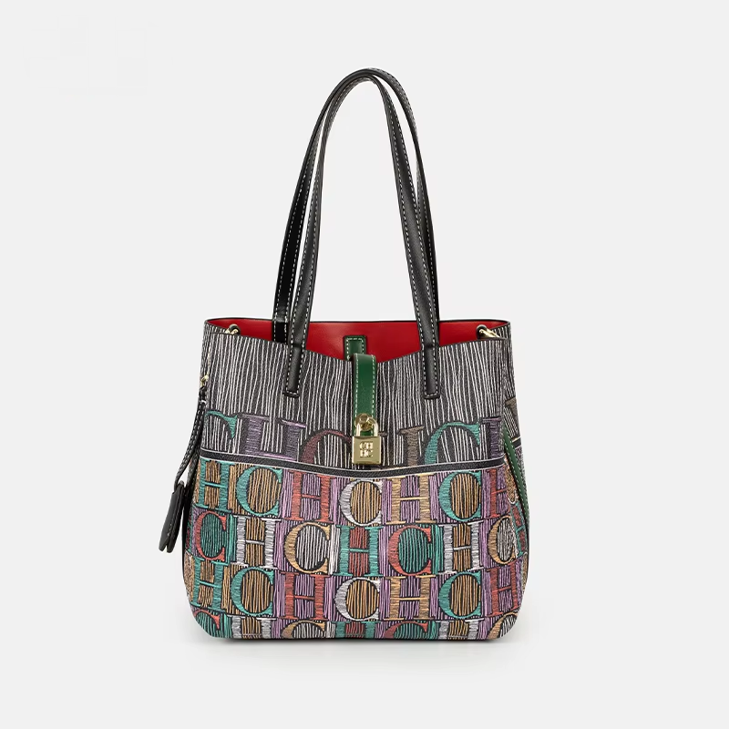 Leather Work Handbags For Women - กระเป๋าถือพิมพ์ลาย CH Art สีพื้น สายสะพายสีพื้น เหมาะสำหรับผู้หญิง