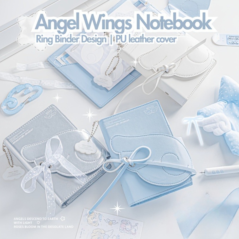 Leather Work Notebook - สมุดโน้ตปีกนางฟ้าน่ารัก A7 ปกหนัง 3 พับ สมุดบันทึกแบบมีสายรัดยางยืด
