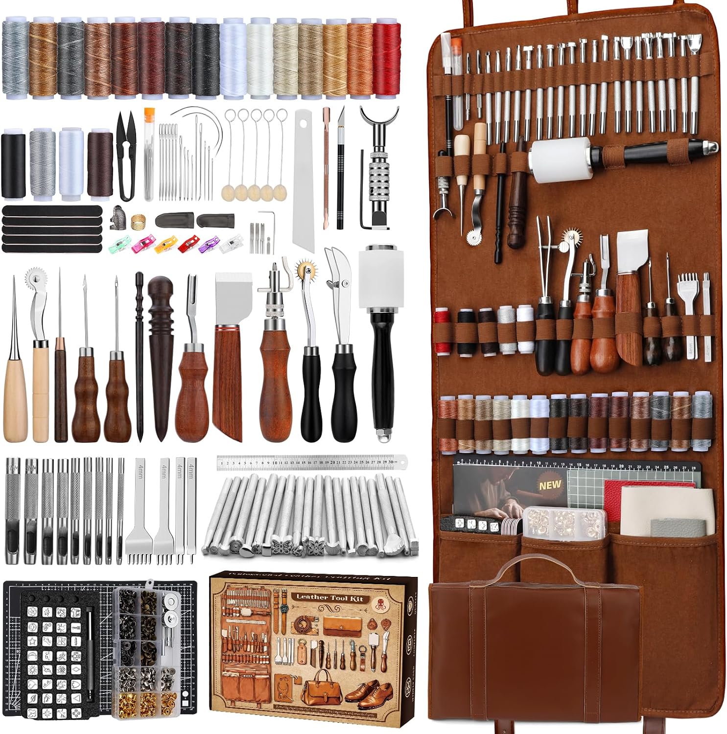 Leather Work Is - ชุดอุปกรณ์งานหนัง, เครื่องมือทำงานหนังและชุดงานฝีมือพร้อมกระเป๋าเก็บของแบบกำหนดเอง, อุปกรณ์แกะสลัก, ตัด, เย็บ, ปั๊ม,