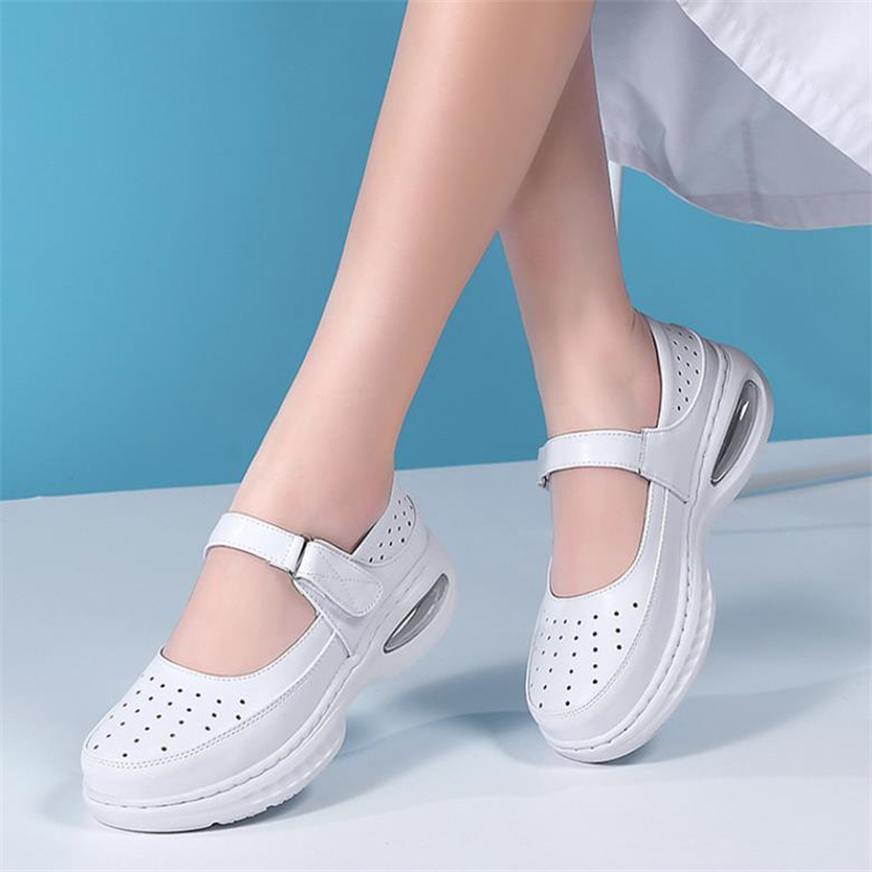 Leather Work Outfit - ของแท้หนังผู้หญิงรองเท้าพยาบาล Soft Soles Hollow Out Breathable