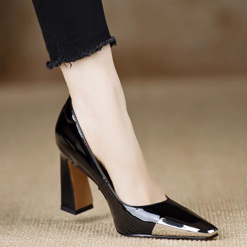 Leather Work Outfit - FHC 2025 ใหม่สแควร์โลหะ Toe รองเท้าส้นสูง,ผู้หญิงปั๊ม,รองเท้าทํางานฤดูใบไม้ผลิ,ตื้น,SLIP ON,สีดํา,สีเบจ,ขนาด