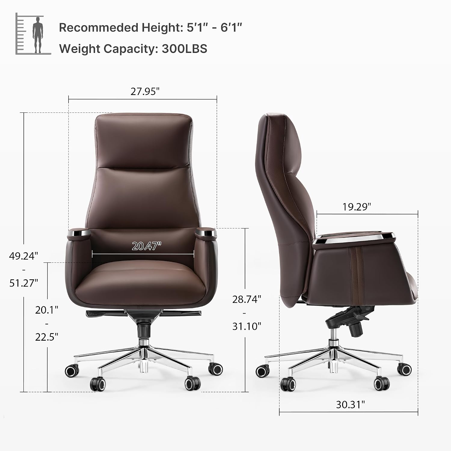 Upholstery Leather Work - เก้าอี้สำนักงานผู้บริหารพนักพิงสูง หุ้มหนังตามหลักสรีรศาสตร์ พร้อมที่รองหลังปรับระดับได้ สำหรับทำงานในสำนักงาน สีน้ำตาล ปรับแต่งได้