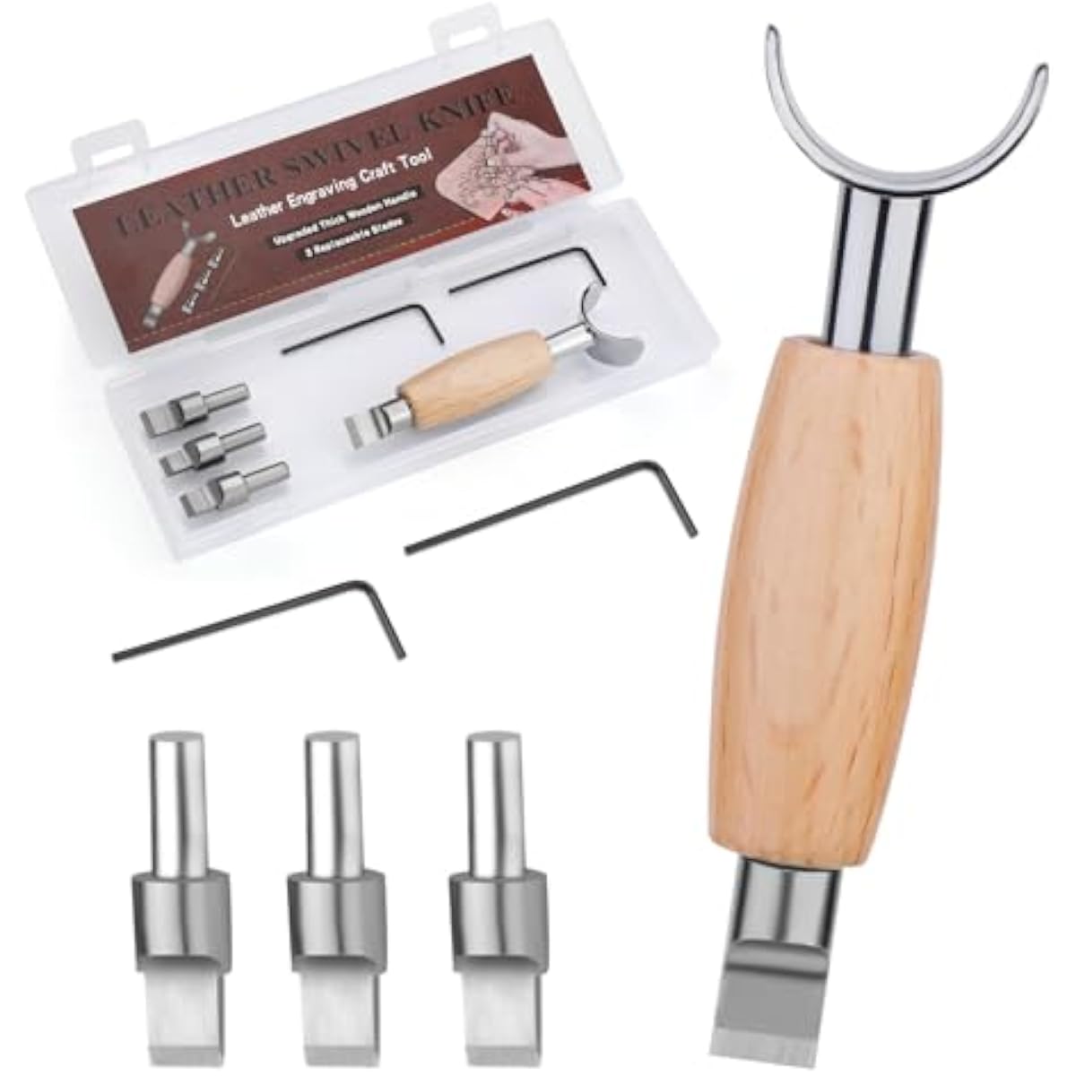 Swivel Knife Tool - มีดหมุนสำหรับงานหนัง, เครื่องมือทำงานหนังพร้อมใบมีดเปลี่ยนได้ 3 ชิ้น